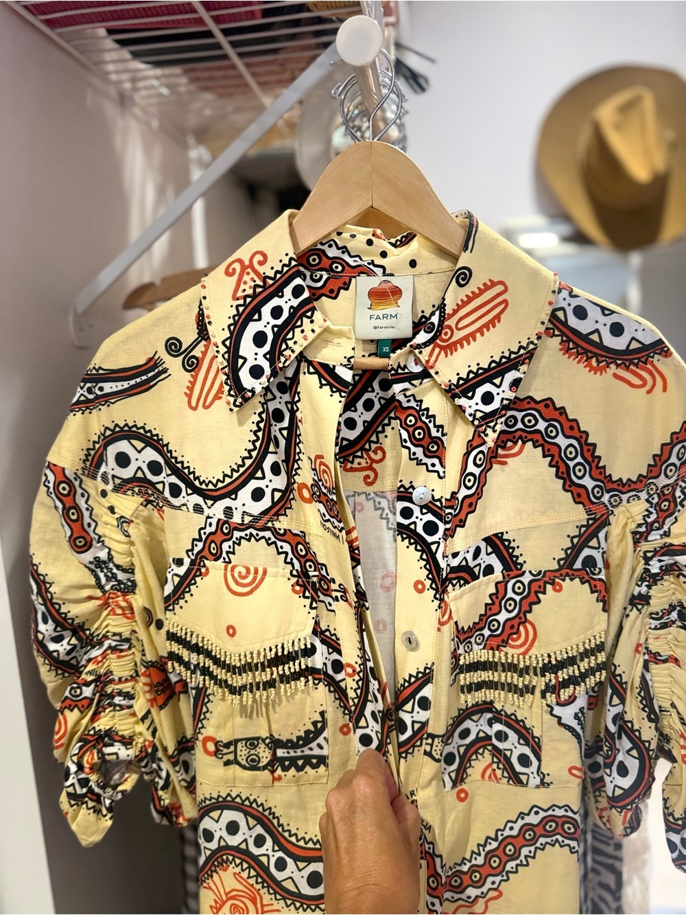 FARM Rio Yellow Paisley-Print Mini Dress with Black & Orange Motif